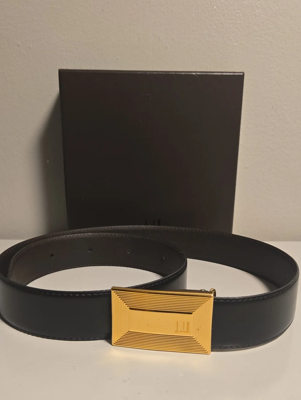 Dunhill Black Leather Belt with Gold Tone Geometric Buckle
